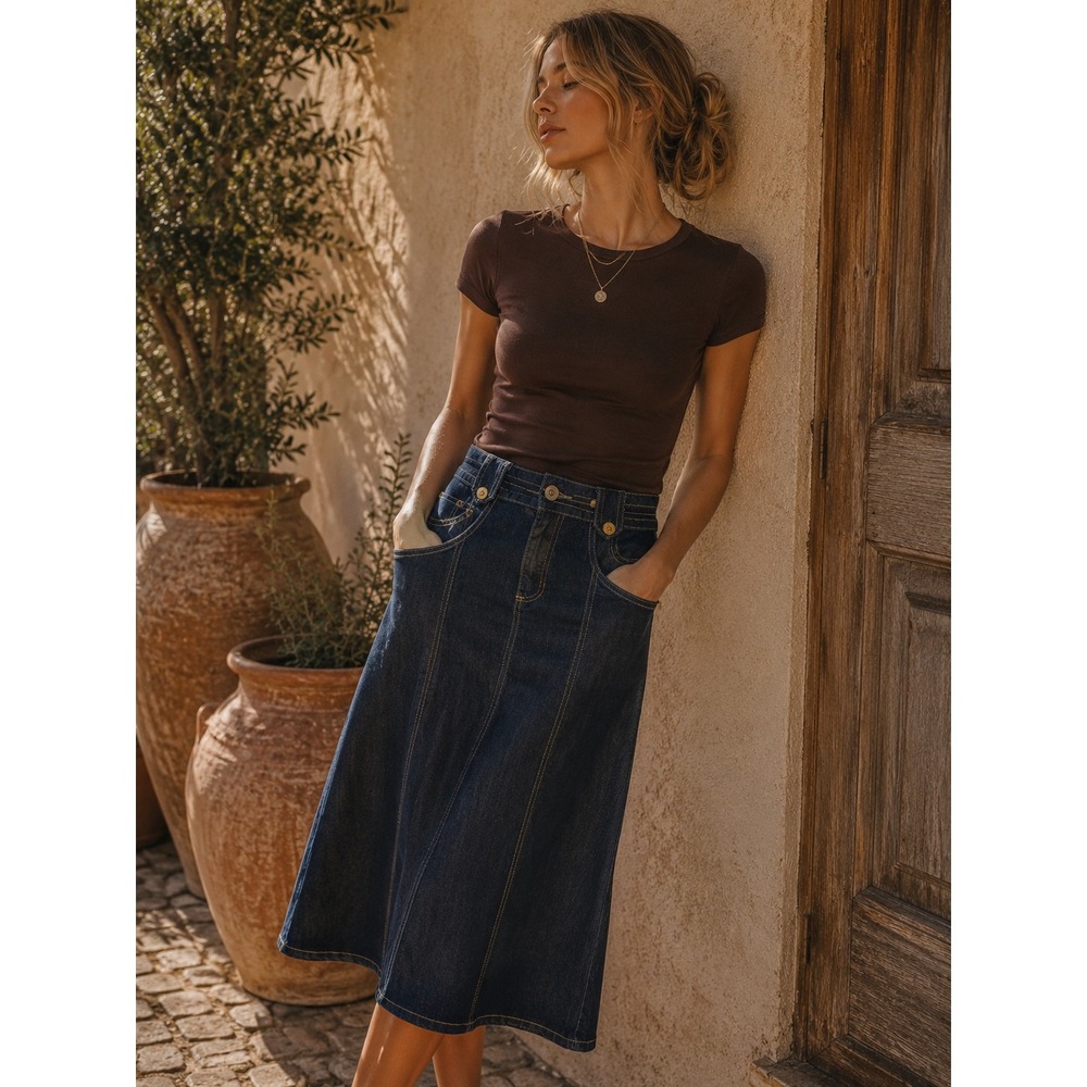 Utility Womens Dark Wash Denim Midi Skirt Contrast Stitch Size 12 Flared Indigo